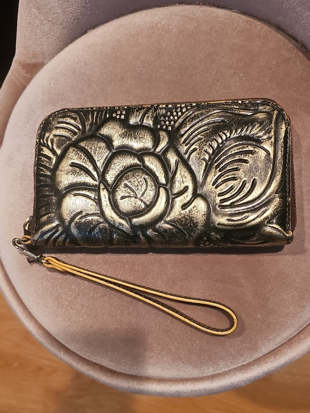 Patricia Nash Embossed Floral Wristlet Wallet in Black and Gold